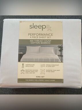 NWT KING SleepRx Performance 4-Piece Sheet Set light blue / plein air $200 MSRP
